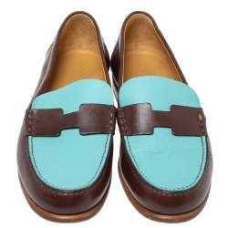 Pre Owned Hermes Blue/Brown Leather Kennedy Slip On Loafers Size 39