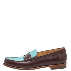 Pre Owned Hermes Blue/Brown Leather Kennedy Slip On Loafers Size 39