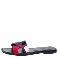 Pre Owned Hermes Multicolor Modernisme Tropical Print Canvas Oran Flat Slides Size 37.5