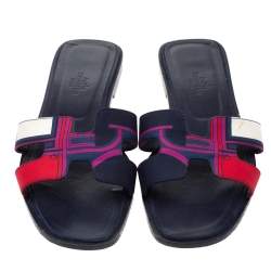 Pre Owned Hermes Multicolor Modernisme Tropical Print Canvas Oran Flat Slides Size 37.5