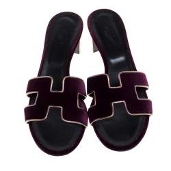 Pre Owned Hermes Purple Velvet Oasis Slide Sandals Size 41