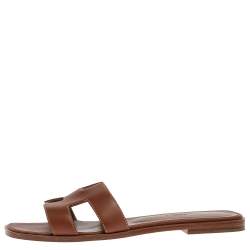 Pre Owned Hermes Brown Leather Oran Slide Sandals Size 40.5
