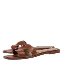 Pre Owned Hermes Brown Leather Oran Slide Sandals Size 40.5