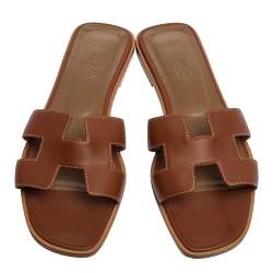 Pre Owned Hermes Brown Leather Oran Slide Sandals Size 40.5