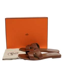 Pre Owned Hermes Brown Leather Oran Slide Sandals Size 40.5