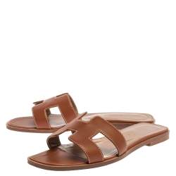 Pre Owned Hermes Brown Leather Oran Flat Sandals Size 38.5