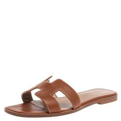 Pre Owned Hermes Brown Leather Oran Flat Sandals Size 38.5
