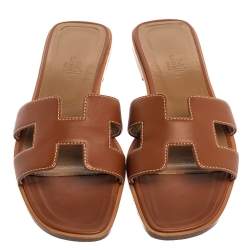 Pre Owned Hermes Brown Leather Oran Flat Sandals Size 38.5