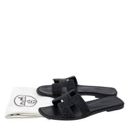 Pre Owned Hermes Black Glitter Oran Flat Slides Size 39