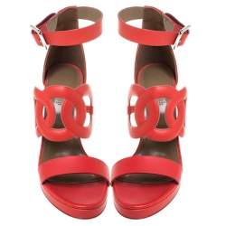 Pre Owned Hermes Red Leather Block Heels Ankle Strap Sandals Size 39