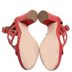 Pre Owned Hermes Red Leather Block Heels Ankle Strap Sandals Size 39