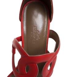 Pre Owned Hermes Red Leather Block Heels Ankle Strap Sandals Size 39