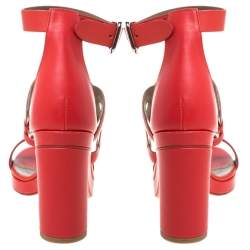 Pre Owned Hermes Red Leather Block Heels Ankle Strap Sandals Size 39