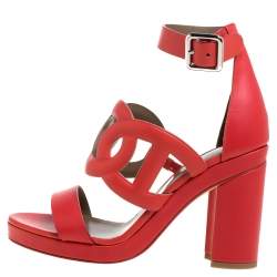 Pre Owned Hermes Red Leather Block Heels Ankle Strap Sandals Size 39