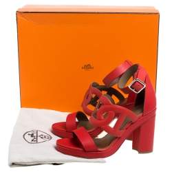 Pre Owned Hermes Red Leather Block Heels Ankle Strap Sandals Size 39