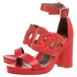 Pre Owned Hermes Red Leather Block Heels Ankle Strap Sandals Size 39