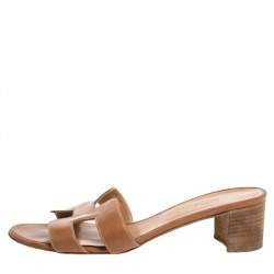 Auth HERMES - Brown Silver Leather Women's Sandals