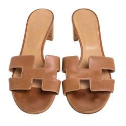 Pre Owned Hermes Brown Leather Oasis Sandals Size 39