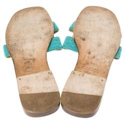 Hermes Blue Fabric Oran Flat Slides Size 41