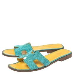 Hermes Blue Fabric Oran Flat Slides Size 41