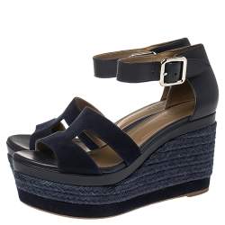 مملوكة مسبقًا Hermes Indigo Leather and Suede Ilana Espadrille Wedges Sandals Size 36