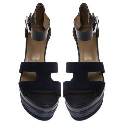 مملوكة مسبقًا Hermes Indigo Leather and Suede Ilana Espadrille Wedges Sandals Size 36