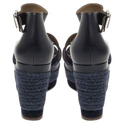 مملوكة مسبقًا Hermes Indigo Leather and Suede Ilana Espadrille Wedges Sandals Size 36