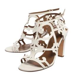 Pre Owned Hermes White Leather Karlotta Cut Out Ankle Strap Sandal Size 40