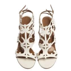 Pre Owned Hermes White Leather Karlotta Cut Out Ankle Strap Sandal Size 40