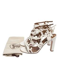 Pre Owned Hermes White Leather Karlotta Cut Out Ankle Strap Sandal Size 40