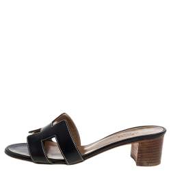 Pre Owned Hermès Black Leather Oran Sandals Size 35.5