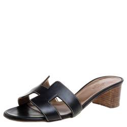 Pre Owned Hermès Black Leather Oran Sandals Size 35.5