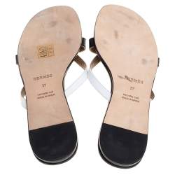 Hermes Black/White Leather Corfu Thong Sandals Size 37
