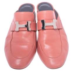 Pre Owned Hermes Peachy Pink Leather Trocadero Mule Sandals Size 36