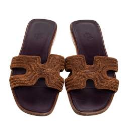 Hermes Brown Fabric Oran Flats Size 36.5