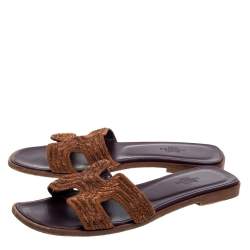 Hermes Brown Fabric Oran Flats Size 36.5