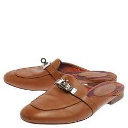 Pre Owned Hermes Brown Leather Leather Palladium Plated Oz Mules Size 36