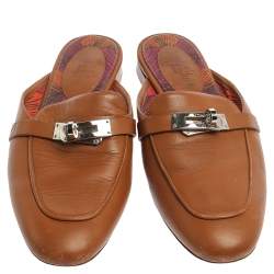 Pre Owned Hermes Brown Leather Leather Palladium Plated Oz Mules Size 36