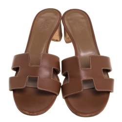 Hermès Brown Leather Oasis Slide Sandals Size 36