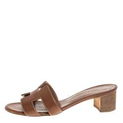 Hermès Brown Leather Oasis Slide Sandals Size 36
