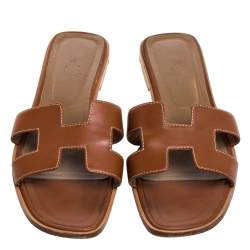 Pre Owned Hermès Brown Leather Oran Flats Size 41.5