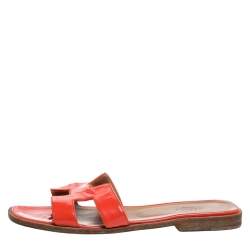 Hermes Orange Patent Leather Oran Flats Size 38