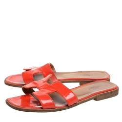 Hermes Orange Patent Leather Oran Flats Size 38