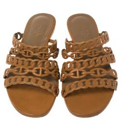 مملوكة مسبقًا Hermes Brown Leather Chaine d'Ancre Slide Sandals Size 39