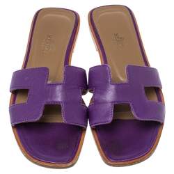 Hermes Purple Leather Oran Flat Slides Size 34