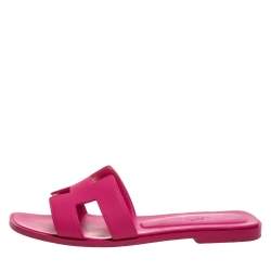 Hermes Pink Leather Oran Slide Flats Size 37