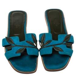 Pre Owned Hermès Blue Suede Oran Laurier Sandals Size 38