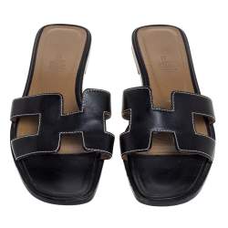 Pre Owned Hermès Black Leather Oran Slide Flats Size 35