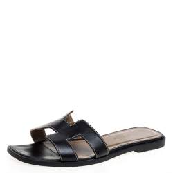 Pre Owned Hermès Black Leather Oran Slide Flats Size 35