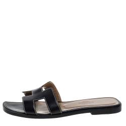 Pre Owned Hermès Black Leather Oran Slide Flats Size 35